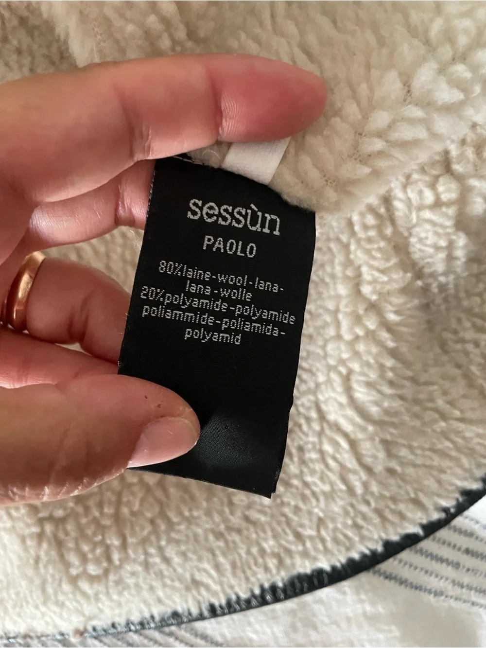 Sessun Wool Sherpa Coat, leather trim, size medium